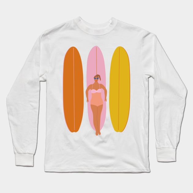 Girl and three surfboard Long Sleeve T-Shirt by grafart